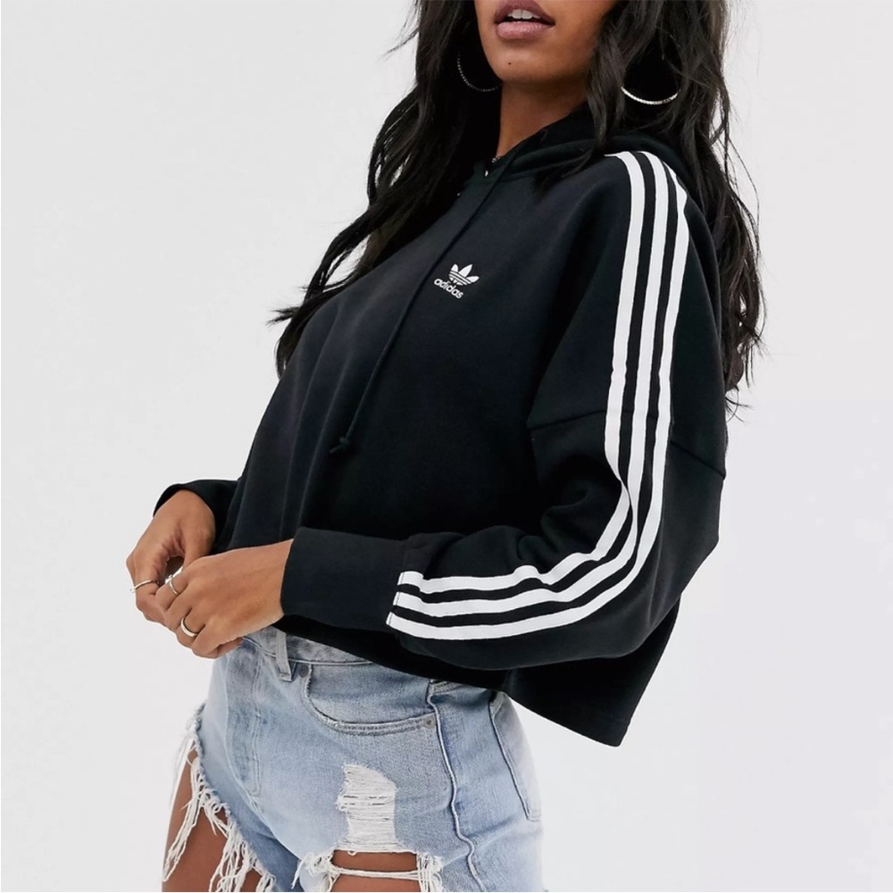 Adidas Black Cropped Sweatshirt with Long Sleeves and White Stripes